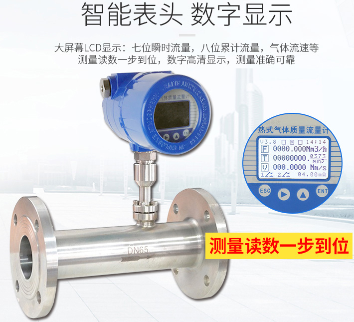 管道式熱式氣體質(zhì)量流量計液晶表頭顯示圖