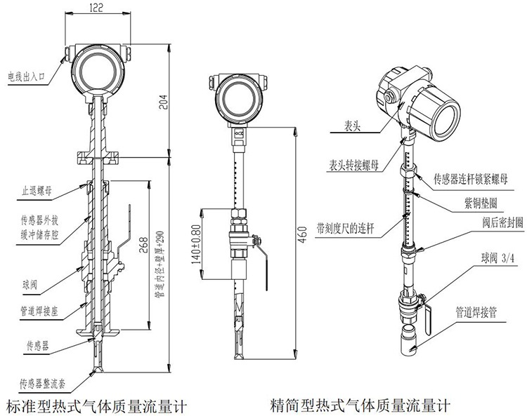 管道式熱式氣體質(zhì)量流量計插入式結(jié)構(gòu)尺寸圖
